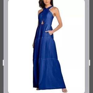 AIDAN BY AIDAN MATTOX Crossover Halter Cutout Tiered Chiffon Gown in True Blue